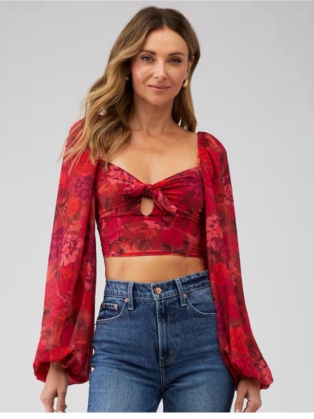 For Love And Lemons Red Floral Tie-Front Long Sleeve Crop Top